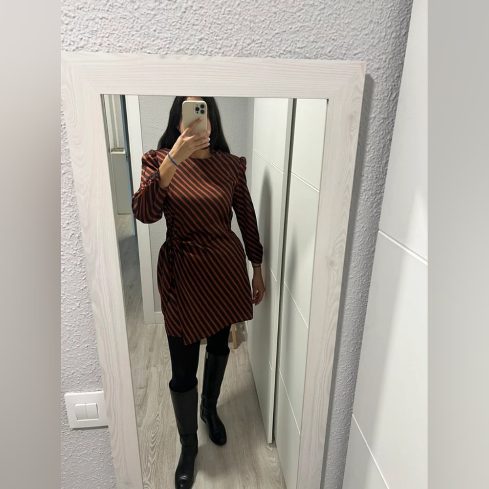 Mango Brown and Black Striped Long Sleeve Dress